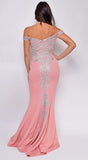 Ensley Pink Off Shoulder Silver Lace Detail Gown