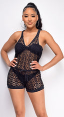 Free Spirit Black Crochet Lace Romper Cover Up full length front view on model