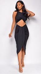 Gaia Black Front Knotted Cut Out Midi Dress