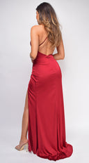 Saba Red Burgundy Cowl Criss Cross Slit Satin Gown back view on model