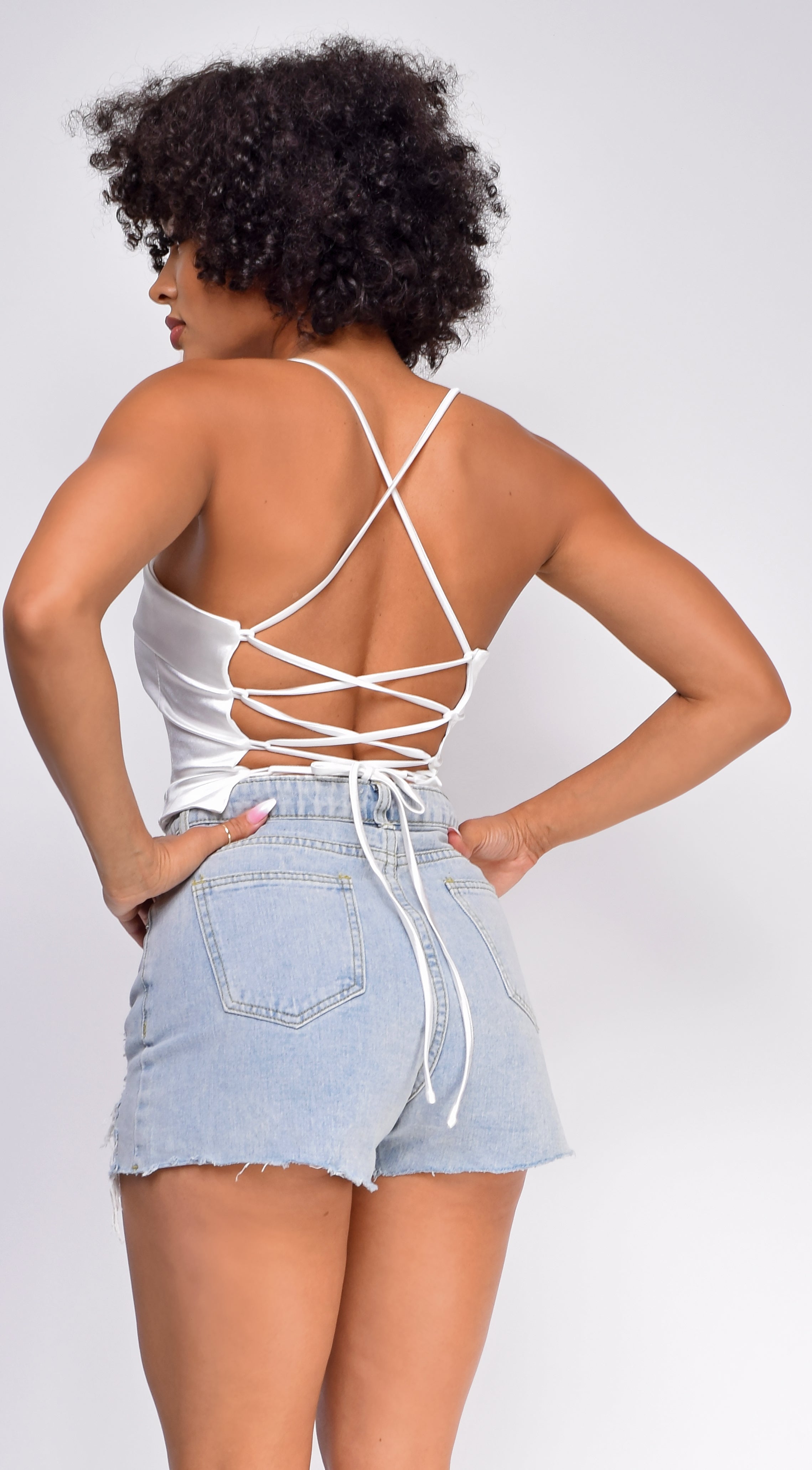 Aleena White Satin Criss Cross Crop Top