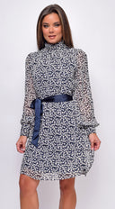 Sensation White Navy Floral Mock Neck Waist Tie Mini Dress