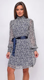 Sensation White Navy Floral Mock Neck Waist Tie Mini Dress