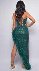 Naiya Green Sequin Feather Gown