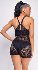 Free Spirit Black Crochet Lace Romper Cover Up back view on model