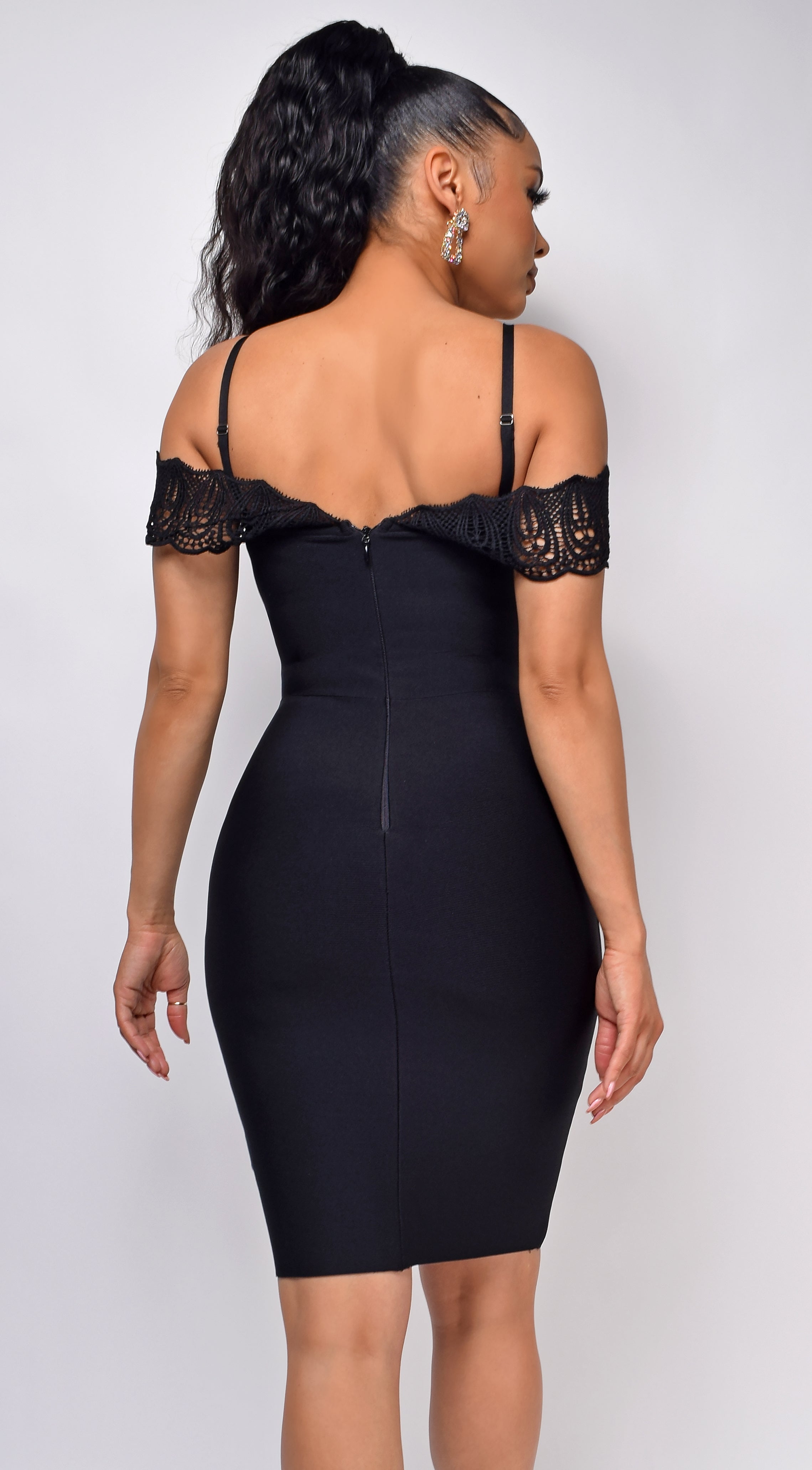 Novella Black Crochet Lace Off Shoulder Bandage Dress