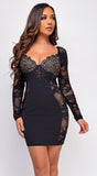 Beauden Black Beige Lace Detail Long Sleeve Mini Dress