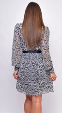 Sensation White Navy Floral Mock Neck Waist Tie Mini Dress