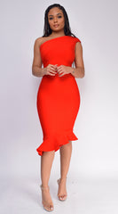 Luna Red Asymmetric Ruffle Bottom Bandage Dress