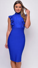 Fiorel Blue Lace Mock Neck Bandage Midi Dress