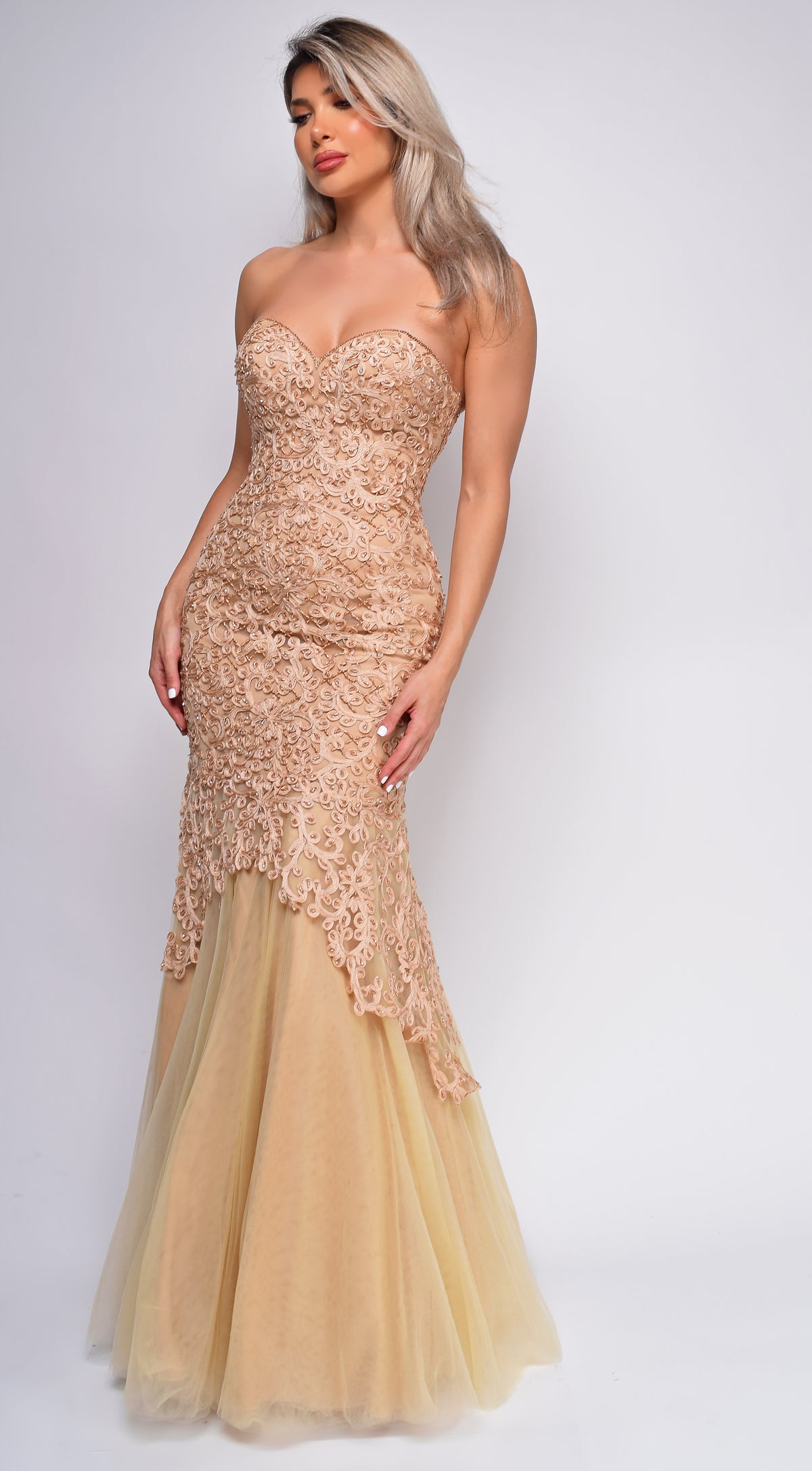 Kira Gold Sweetheart Neck Beaded Lace Gown