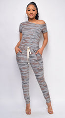 Lana Gray Brown Camo Off Shoulder Jumpsuit