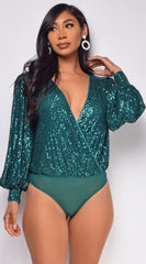 Devon Green Surplice Sequin Bodysuit