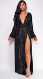 Lora Black Sequin Double Slit Maxi Dress