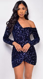 Alessia Navy Blue Off Shoulder Sequin Dress