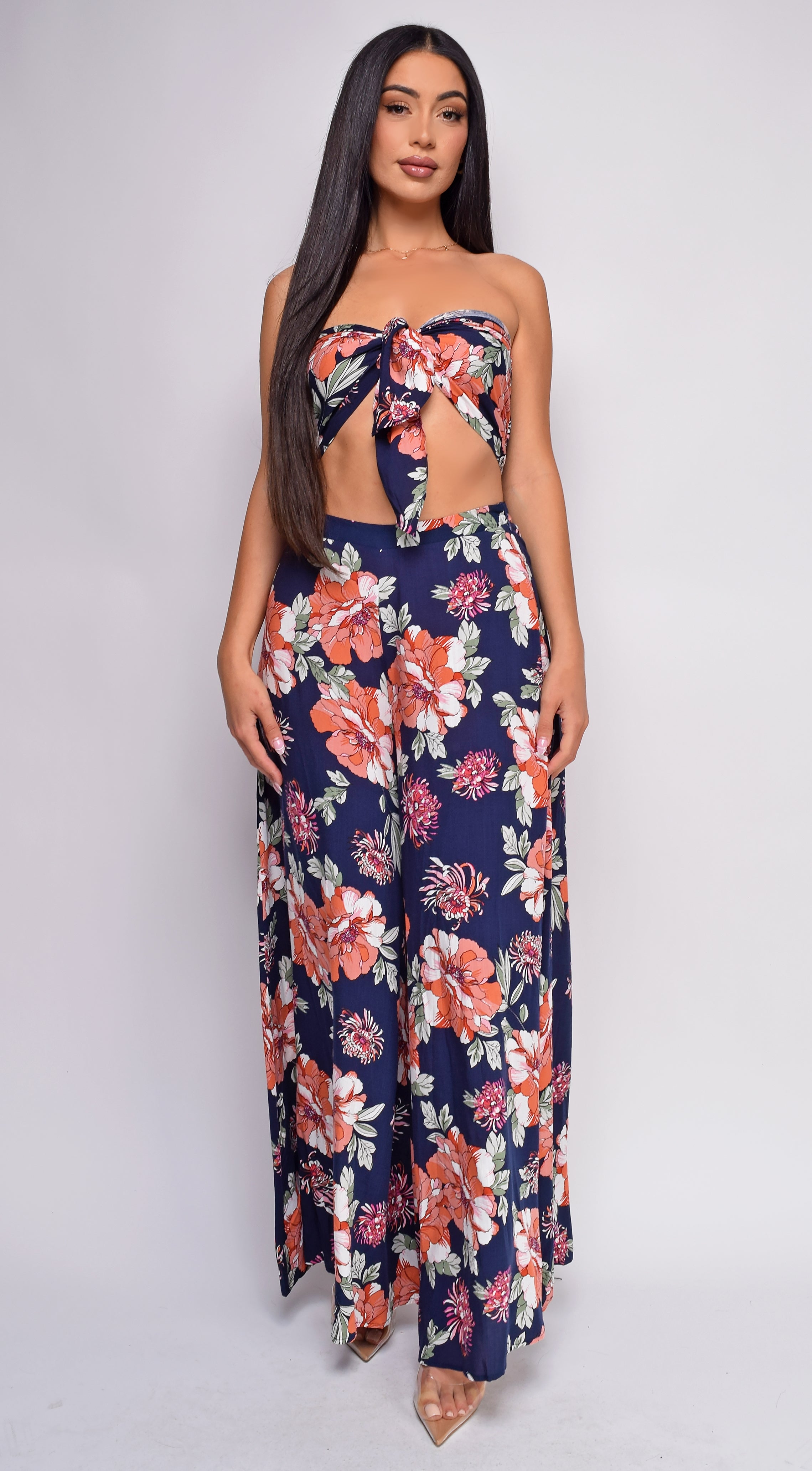 Maira Blue Coral Floral Front Tie Crop Top & Pants Set