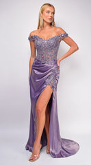 Winter Lavender Purple Off Shoulder Sequin Gown
