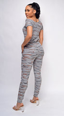 Lana Gray Brown Camo Off Shoulder Jumpsuit