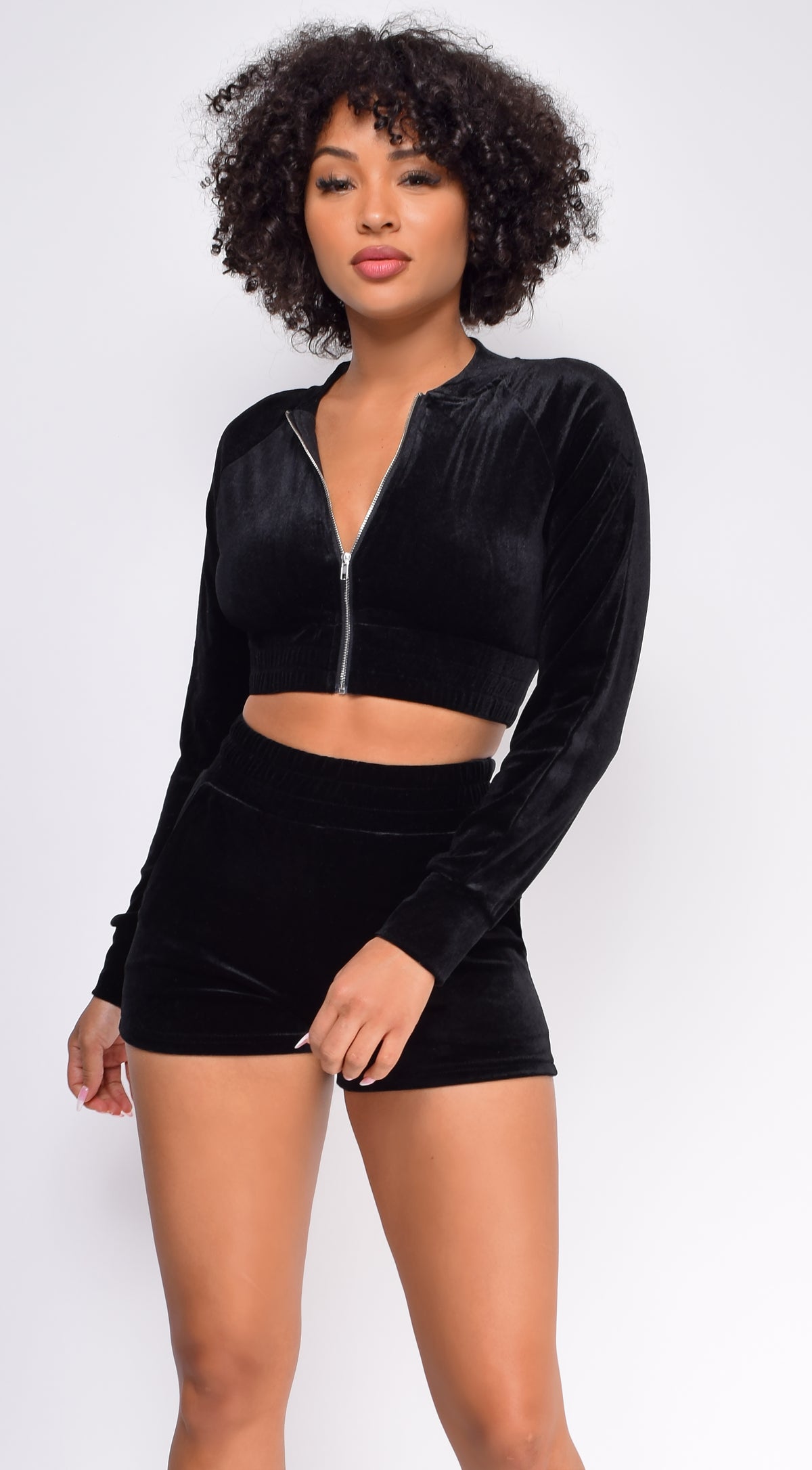 Not That Easy Black Velour Crop Hoodie Shorts Set