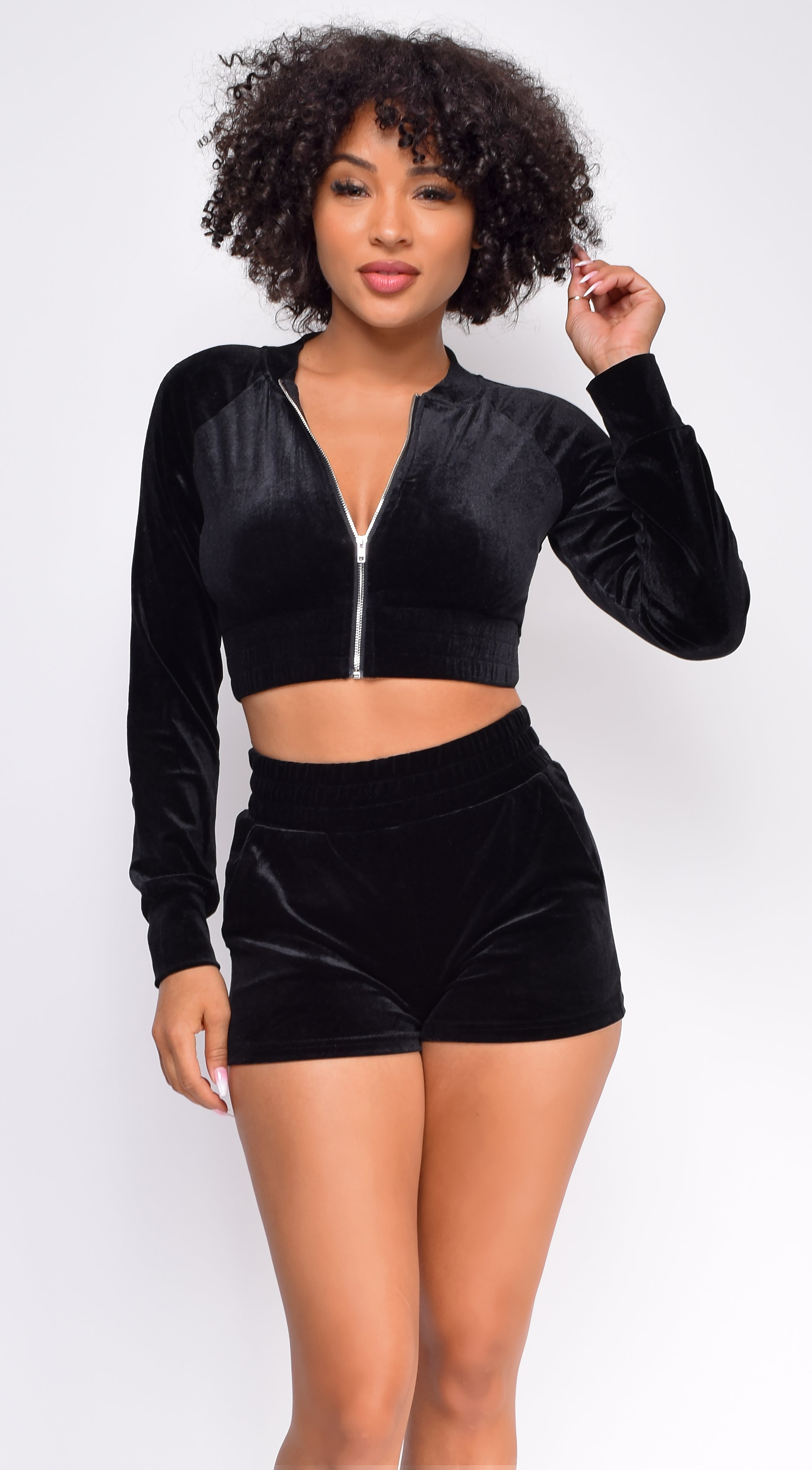 Not That Easy Black Velour Crop Hoodie Shorts Set