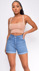 Chase Blue High Rise Cuffed Hem Shorts
