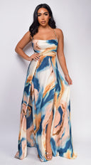 Stacci Beige Blue Multi Marble Double Slit Maxi Dress