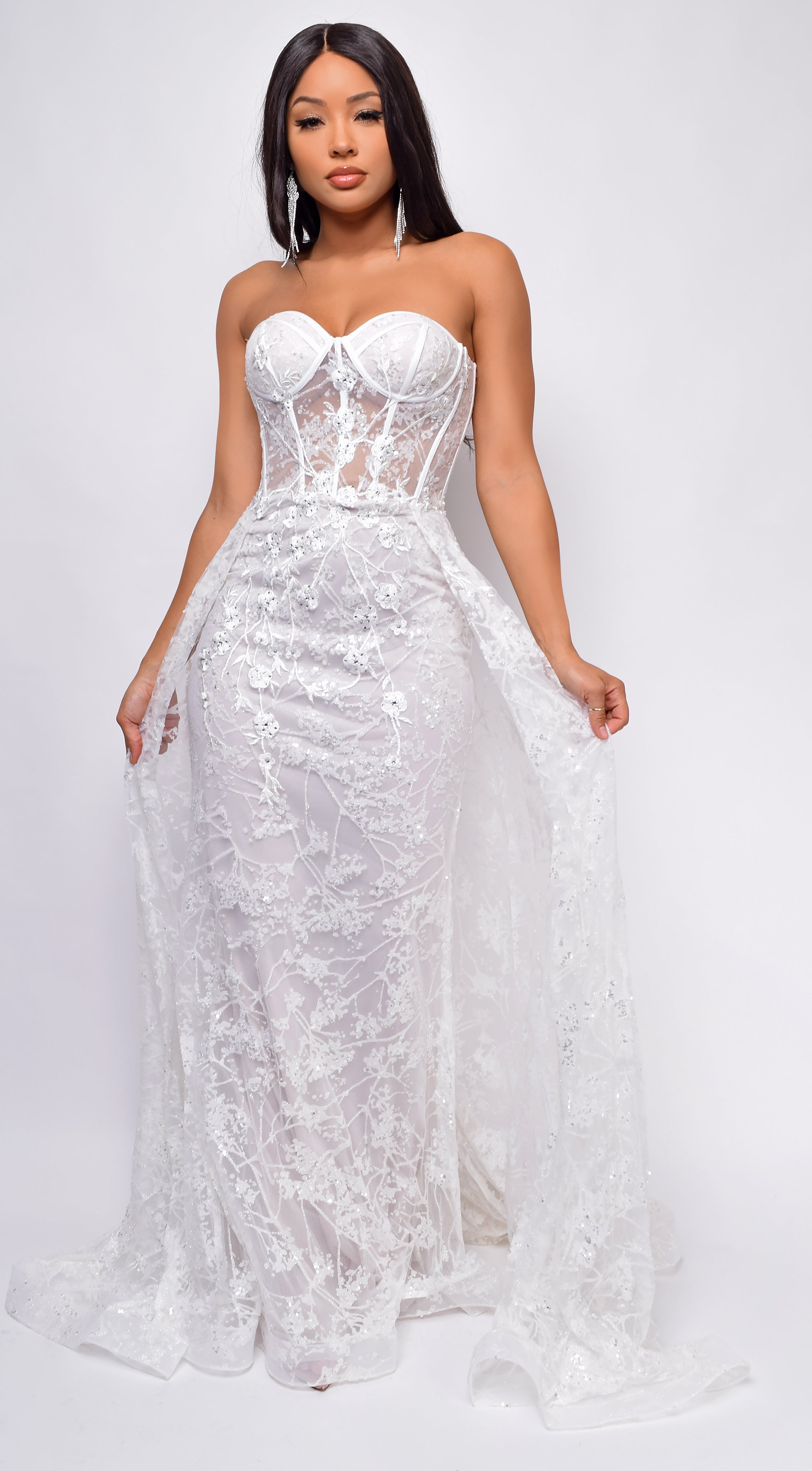 The Elena 3D Floral appliqué long strapless off white gown with A-line –  CFWBOUTIQUE