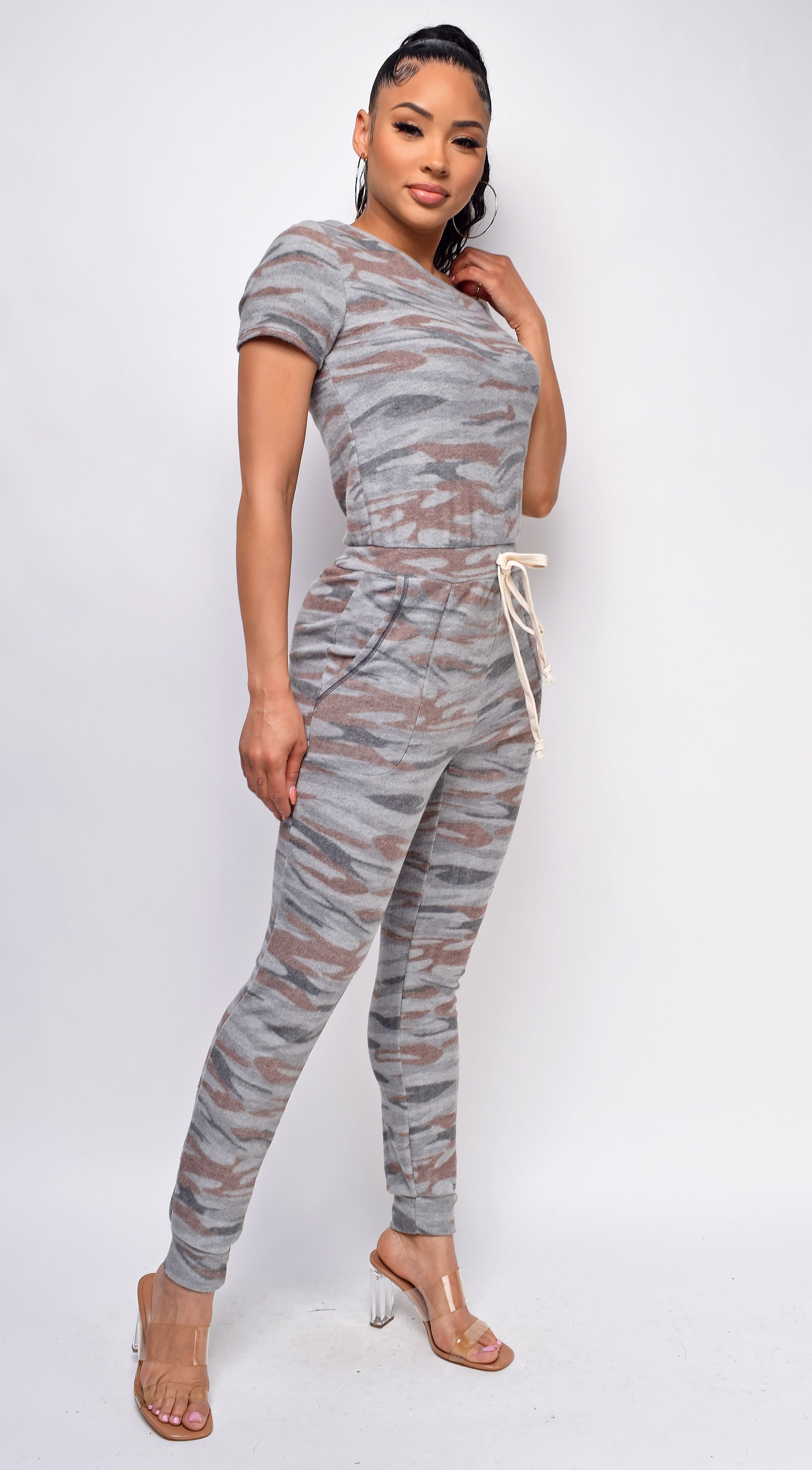 Lana Gray Brown Camo Off Shoulder Jumpsuit