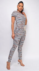 Lana Gray Brown Camo Off Shoulder Jumpsuit