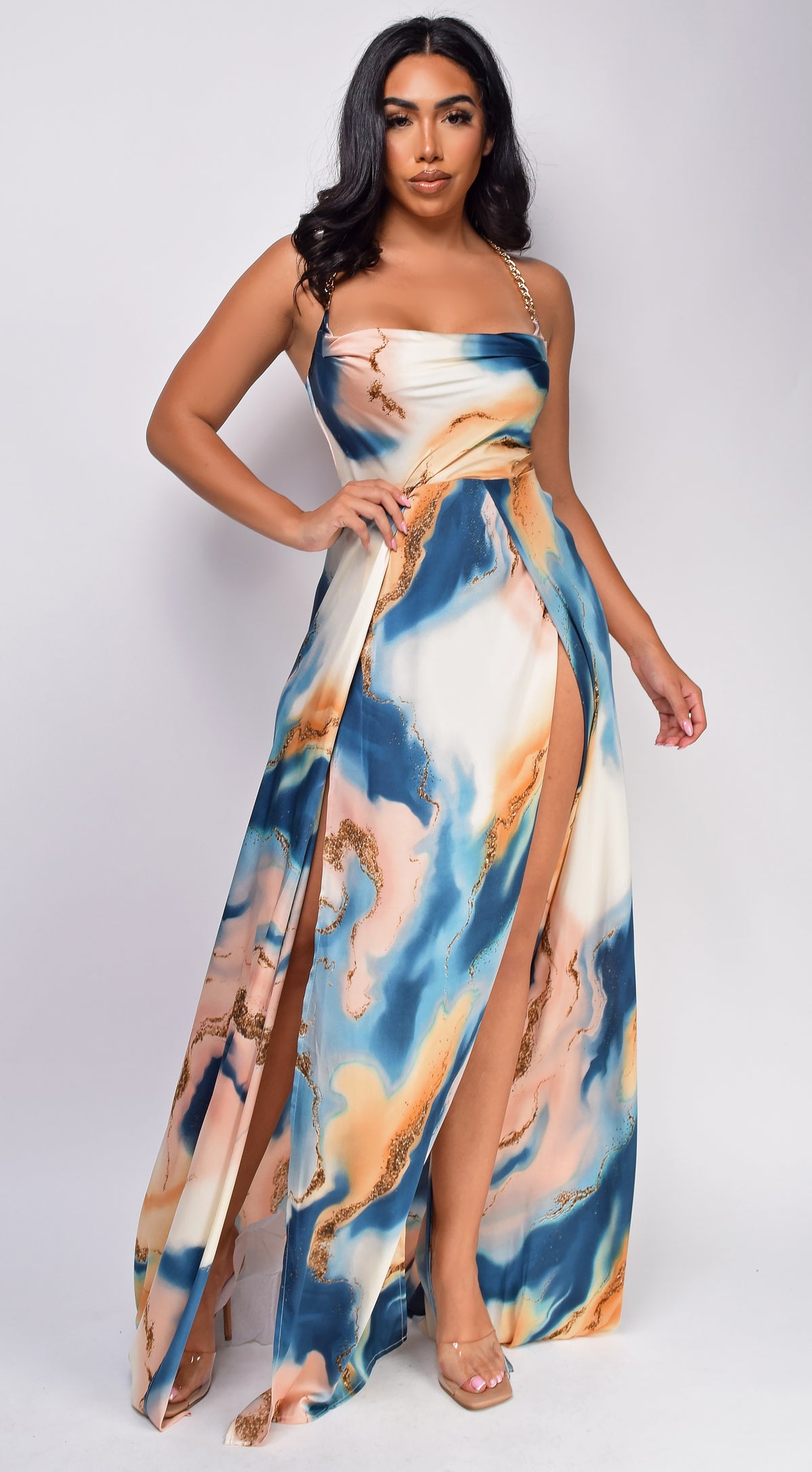 Stacci Beige Blue Multi Marble Double Slit Maxi Dress