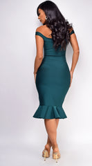 Harmoni Dark Green Off Shoulder Bandage Midi Dress