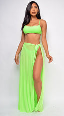 Skyros Neon Green Mesh Maxi Wrap Cover-Up Skirt full length front view on model