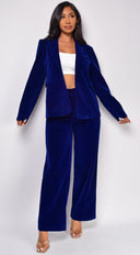 Ellia Blue Velvet Blazer Set stitching and texture close-up hemline and silhouette detail