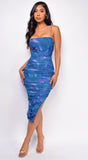 Syracuse Blue Multil Color Side Slit Ruched Dress