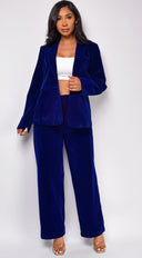 Ellia Blue Velvet Blazer Set close-up of velvet texture