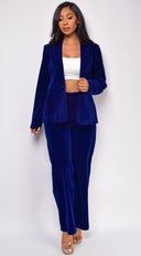 Ellia Blue Velvet Blazer Set side profile view on model