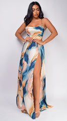 Stacci Beige Blue Multi Marble Double Slit Maxi Dress