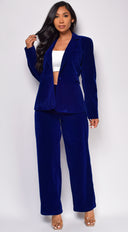Ellia Blue Velvet Blazer Set back view on model