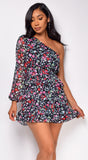 Avia Black One Sleeve Multi Floral Print Mini Dress