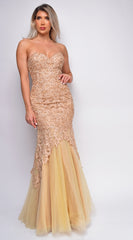 Kira Gold Sweetheart Neck Beaded Lace Gown