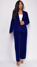 Ellia Blue Velvet Blazer Set close-up of neckline and shoulder detail