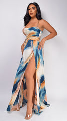 Stacci Beige Blue Multi Marble Double Slit Maxi Dress