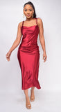 Lavinia Burgundy Red Satin Midi Dress