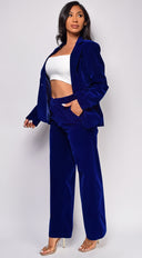 Ellia Blue Velvet Blazer Set full length front view on model