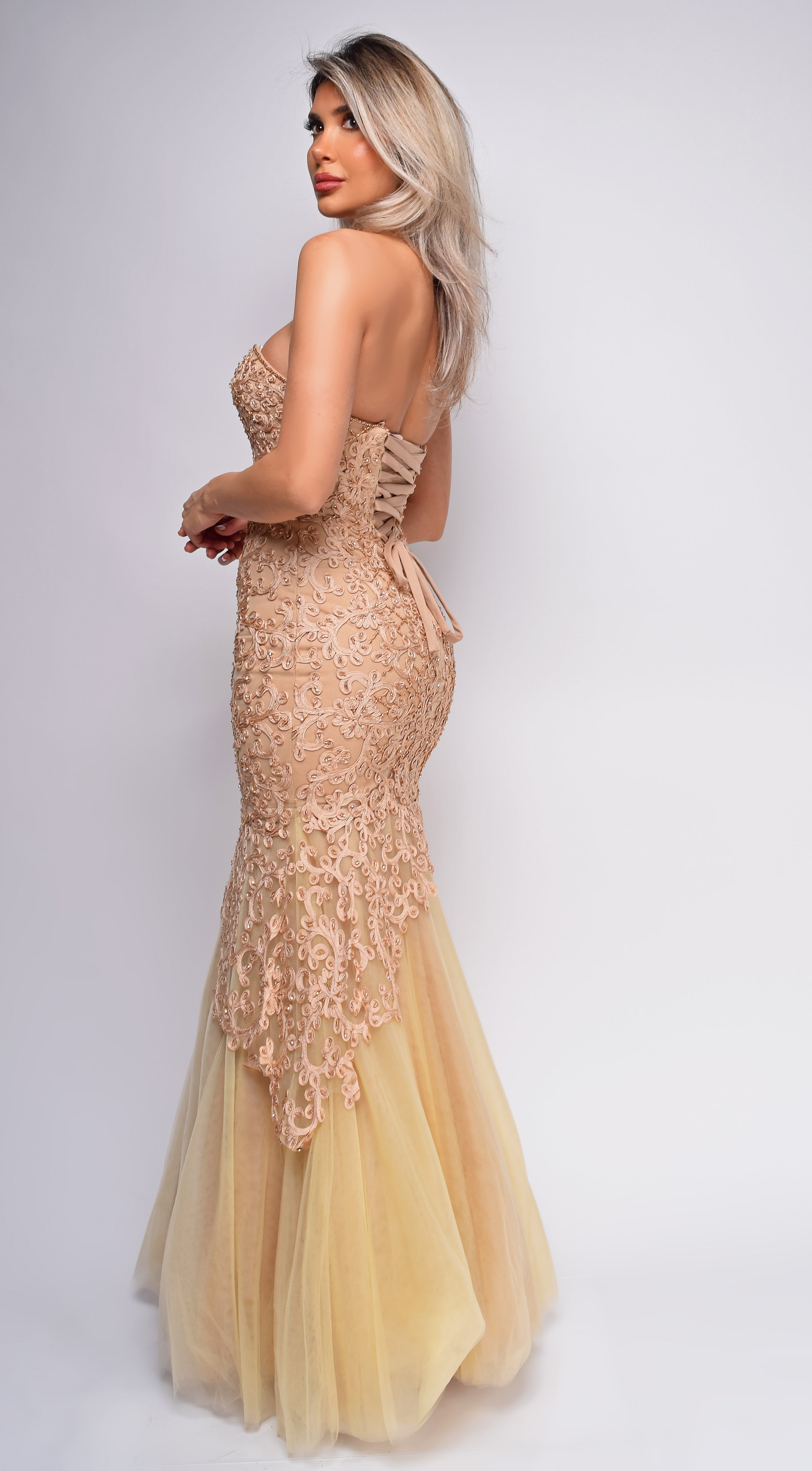 Kira Gold Sweetheart Neck Beaded Lace Gown