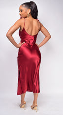 Lavinia Burgundy Red Satin Midi Dress close-up of satin fabric