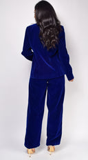 Ellia Blue Velvet Blazer Set styled outfit flat lay