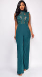 Vanna Hunter Green Crochet Flared leg Jumpsuit