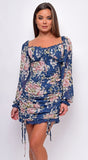 Soluna Blue Floral Chiffon Ruched Mini Dress