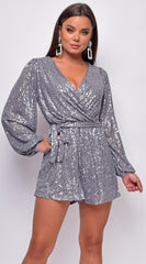 Anja Silver Sequin Wrap Over V Neck Long Sleeve Romper